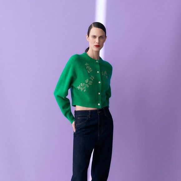 Green Zara Wool-Mix Bead Embellished Cropped Button-Front Sweater Cardigan (NWT) - Picture 4 of 10